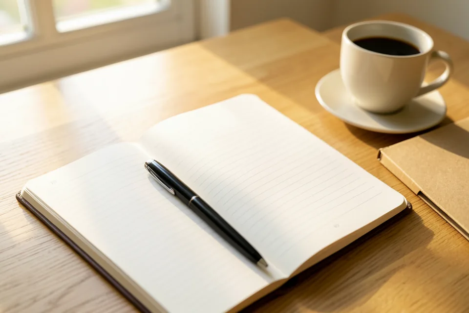 Libreta abierta con una lista a mano y un bolígrafo sobre una mesa de roble, junto a una taza de café y una carpeta cerrada