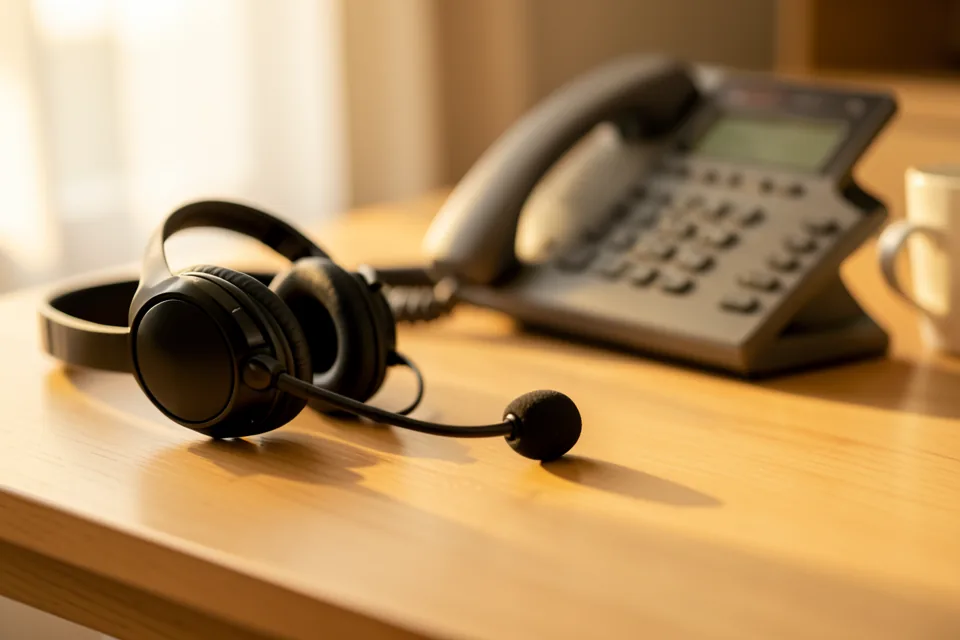 Auriculares con micrófono apoyados sobre una mesa de roble junto a un teléfono IP de sobremesa y una taza de café