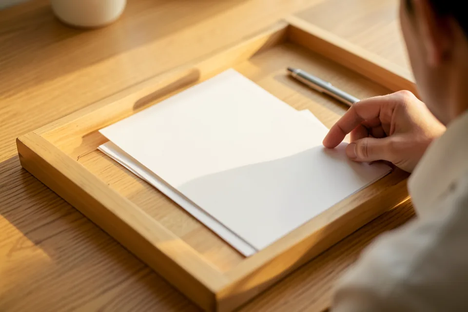 Bandeja de madera con unas pocas facturas apartadas junto a una libreta y un bolígrafo sobre una mesa de oficina