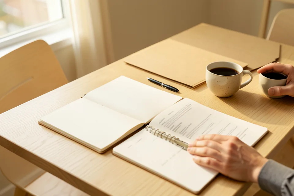 Mesa de reuniones de roble con dos cuadernos abiertos, un bolígrafo, dos tazas de café y una carpeta de documentos, vista desde un lateral