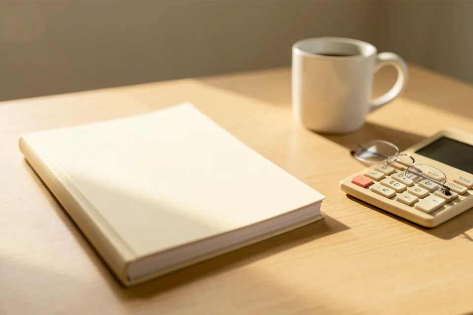 Carpeta encuadernada cerrada sobre una mesa de roble junto a una calculadora, unas gafas y una pila ordenada de documentos, con luz de tarde
