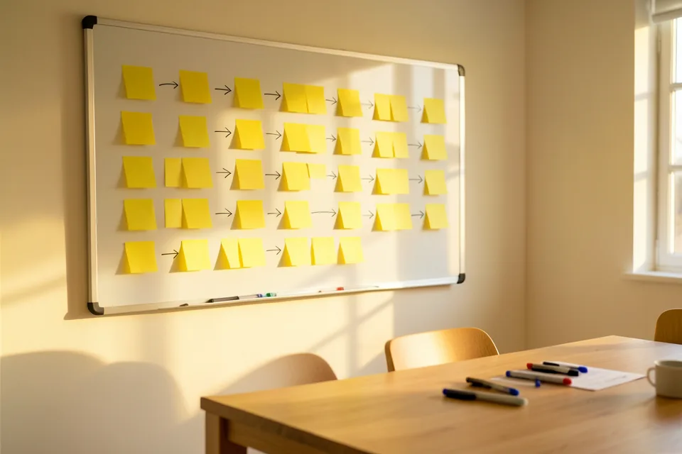 Pizarra blanca en una sala con mesa de roble, cubierta de notas adhesivas amarillas en blanco ordenadas en columnas y unidas por flechas dibujadas a mano