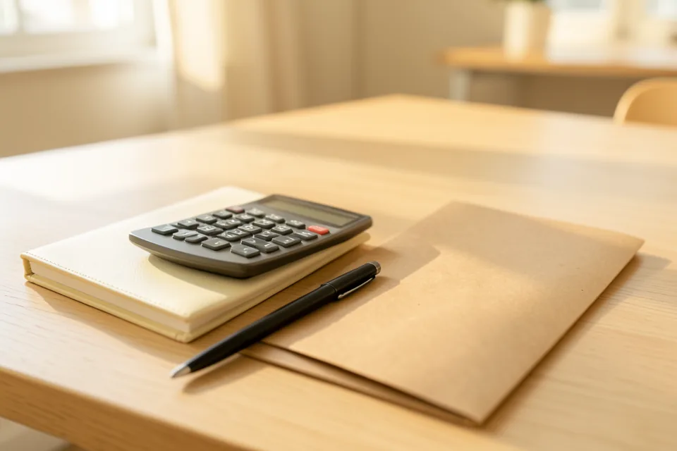 Mesa de roble con una calculadora, una libreta cerrada y un bolígrafo junto a una carpeta de facturas