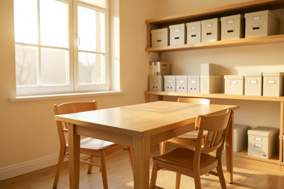 Oficina pequeña con una mesa de roble, dos sillas, archivadores ordenados y una ventana con luz de tarde