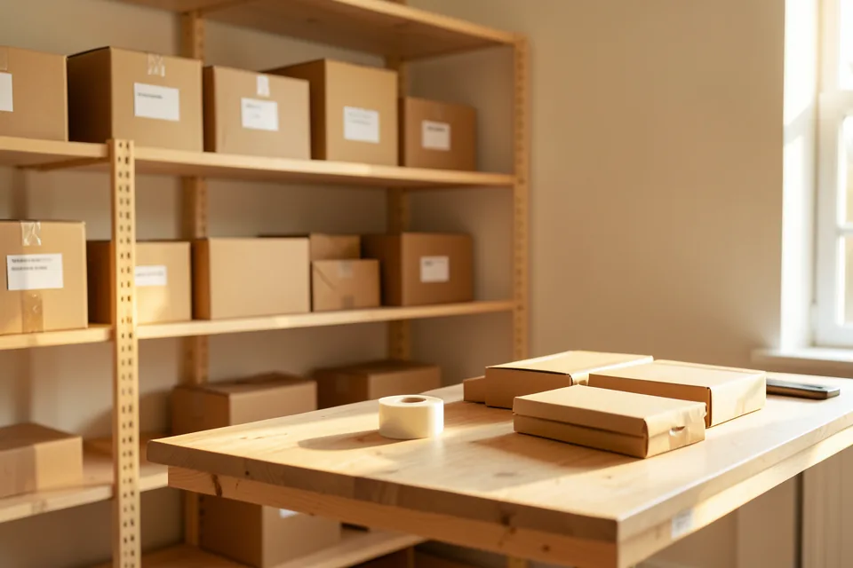 Almacén pequeño con estanterías de madera, cajas de cartón etiquetadas y una mesa de embalaje con un rollo de cinta