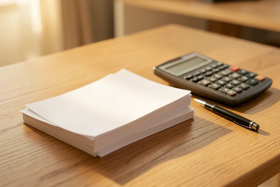 Pila de albaranes en papel sobre una mesa de roble junto a una calculadora de sobremesa y un bolígrafo