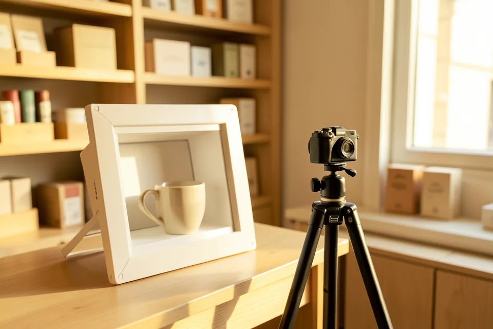 Pequeño estudio de fotografía de producto en una trastienda, con una caja de luz blanca, una taza de cerámica dentro y un trípode delante