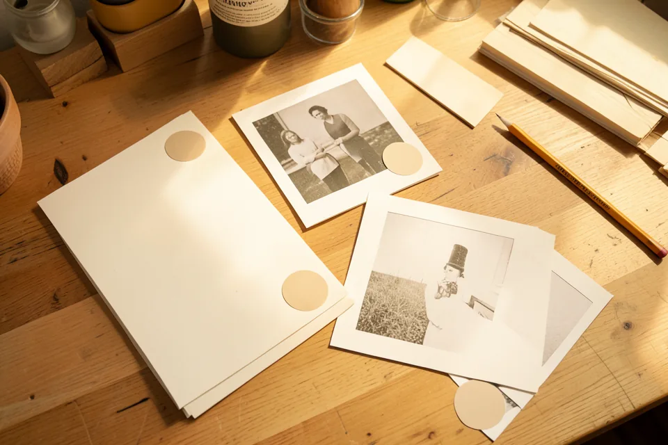 Fotografías impresas de productos y de un taller repartidas sobre una mesa de roble, algunas con un pequeño adhesivo redondo en la esquina