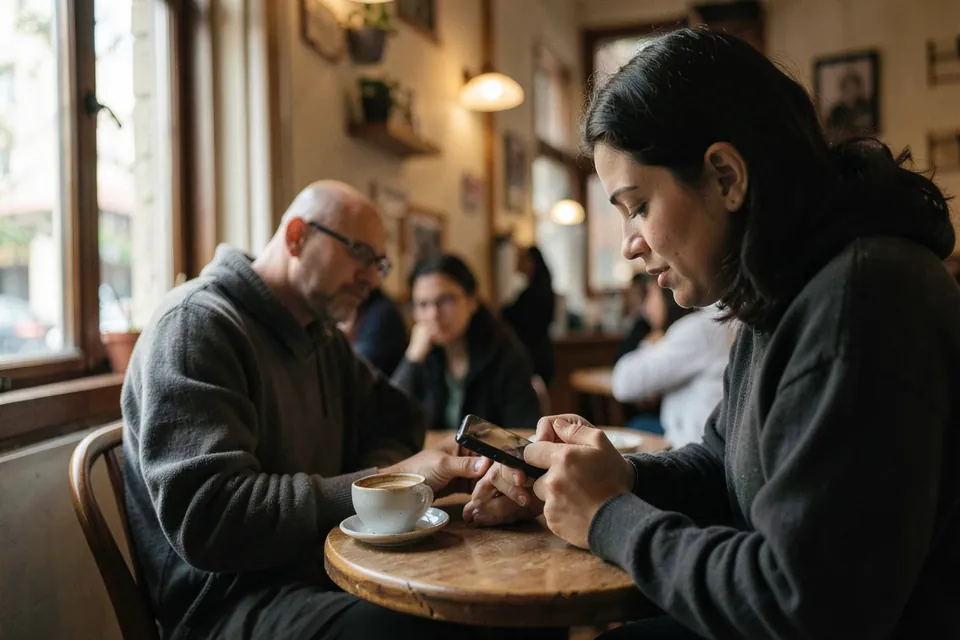 Persona escribiendo una pregunta en el teléfono móvil sentada en una cafetería