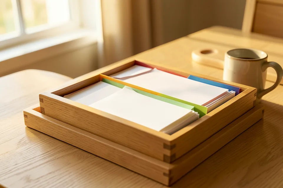 Bandeja de documentos sobre una mesa de roble con sobres y hojas separados en montones ordenados por colores, junto a una taza