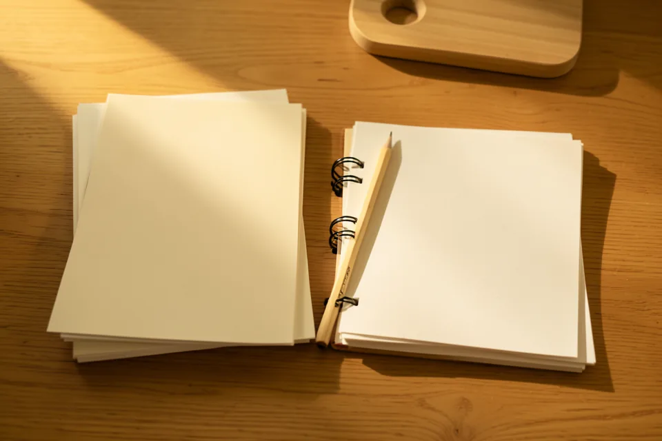 Dos montones de hojas impresas sobre una mesa de roble, con una libreta abierta de notas a mano y un lápiz entre ambos