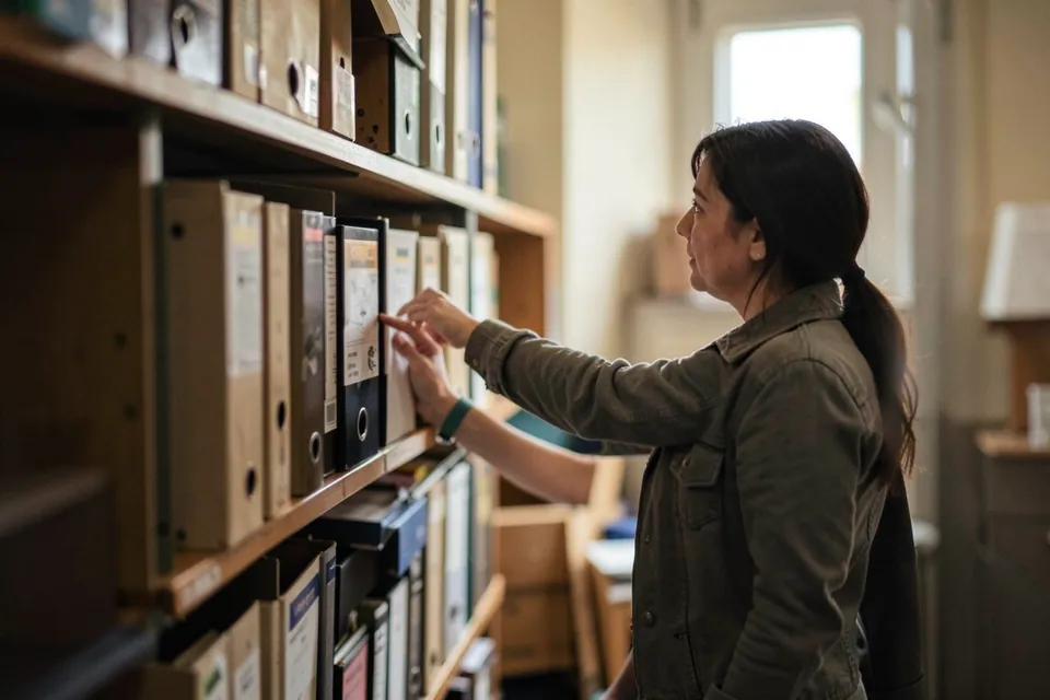 Persona consultando documentos en una estantería de archivadores