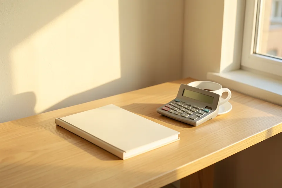 Escritorio de roble en una casa con tickets de compra sujetos con una pinza, una libreta abierta, una calculadora y una taza de café