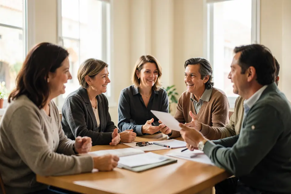 Grupo pequeño de personas atendiendo a una explicación en una sala de reuniones luminosa