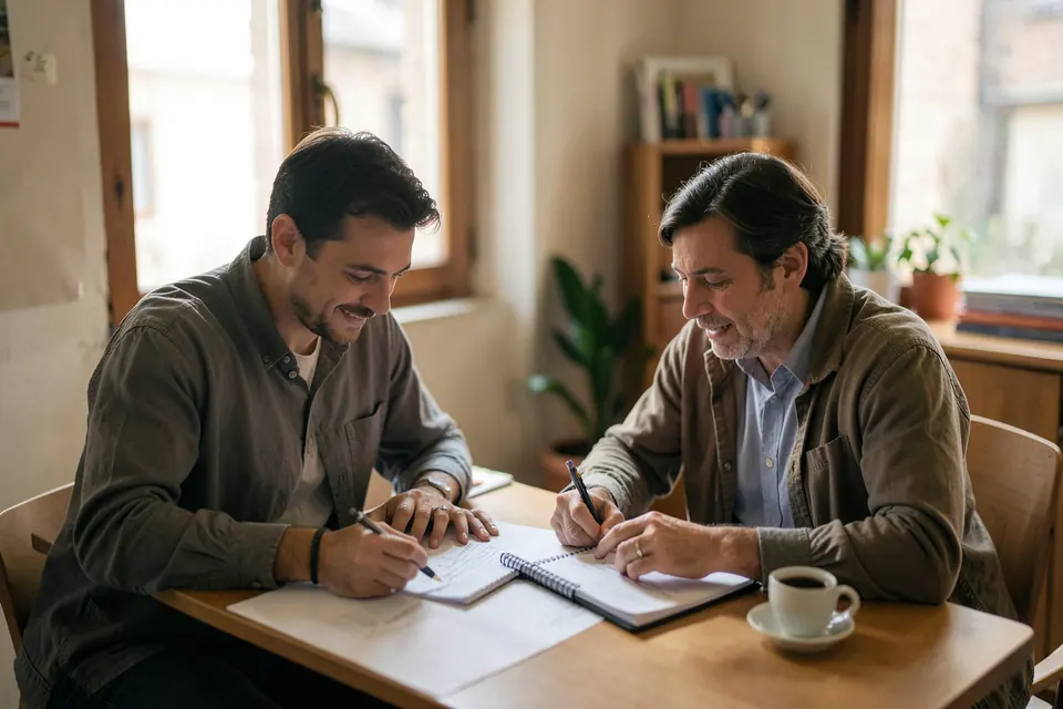 Dos personas revisando documentación en la mesa de una oficina pequeña