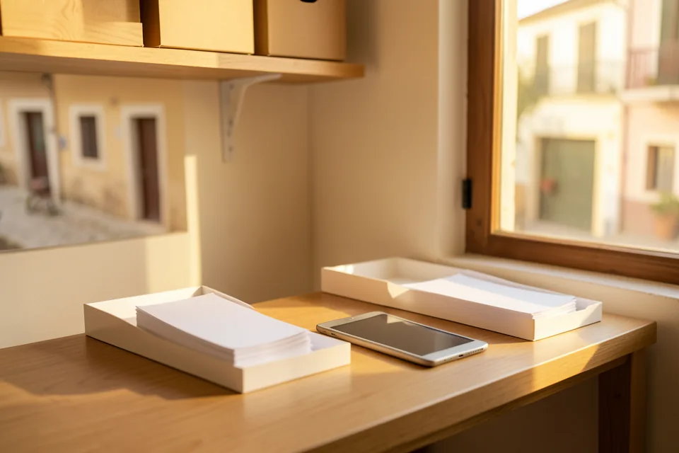 Oficina pequeña con una mesa de roble, bandejas de documentos ordenadas, archivadores de cartón y una ventana con luz de tarde
