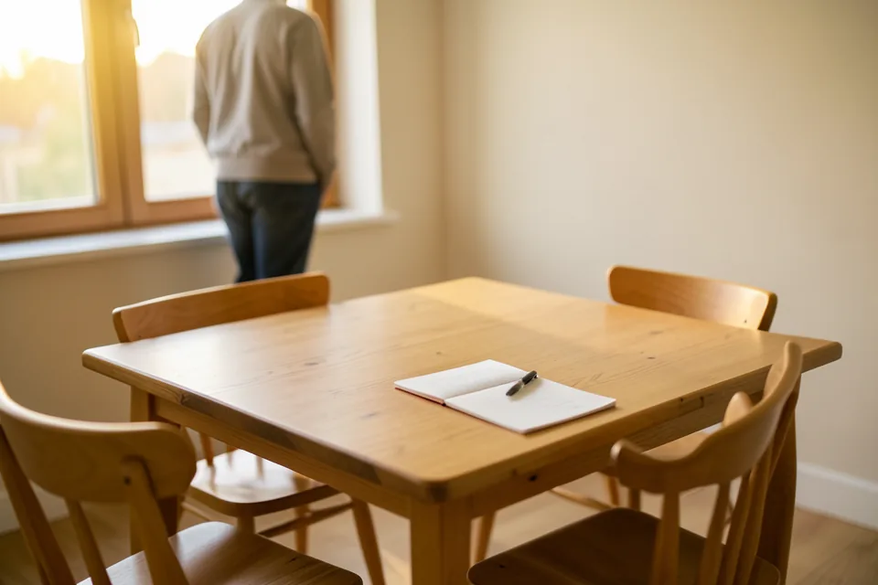 Sala de reuniones pequeña con sillas alrededor de una mesa de roble, una libreta abierta y una hoja de firmas con bolígrafo