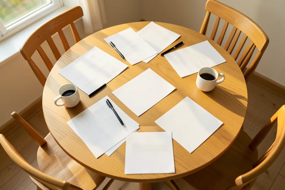 Mesa de reuniones de roble con varias hojas impresas grapadas, bolígrafos y tazas de café, vista desde arriba