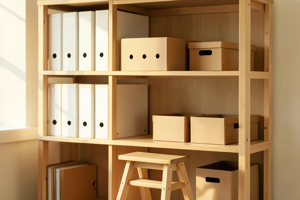 Estantería de oficina con archivadores de anillas y cajas de archivo de cartón ordenadas por baldas