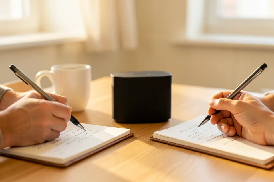 Dos manos escribiendo en libretas abiertas sobre una mesa de madera, con una taza blanca y un altavoz negro de conferencias entre ambas
