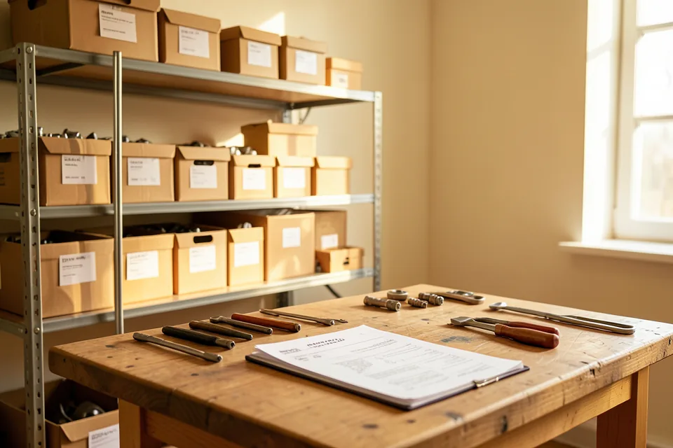 Taller pequeño y ordenado con estanterías metálicas de cajas de piezas, un banco de trabajo de madera y una carpeta de albaranes abierta
