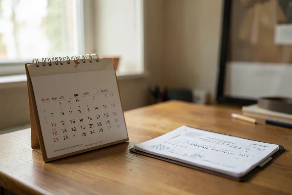 Calendario de pared junto a una carpeta de facturas en una mesa de oficina