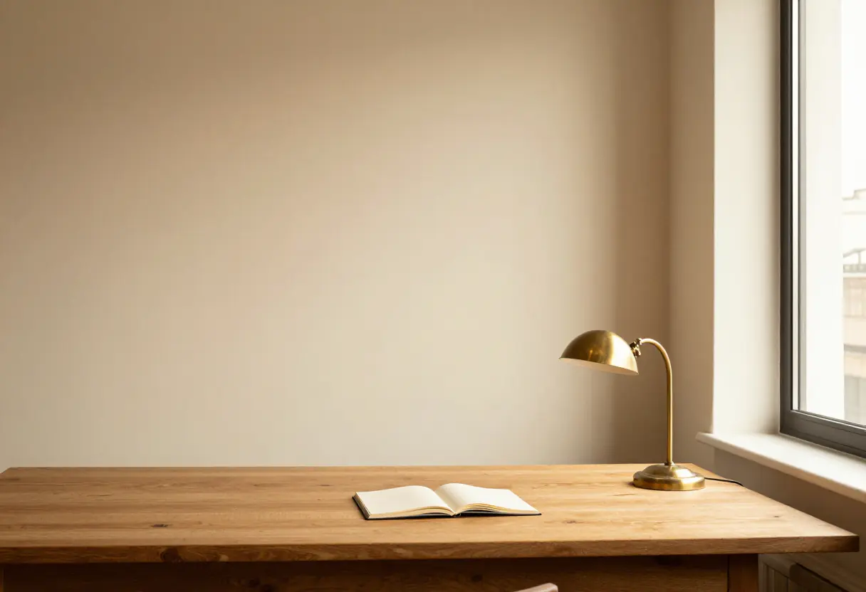 Mesa de trabajo de roble con un cuaderno abierto y una lámpara de latón junto a la ventana