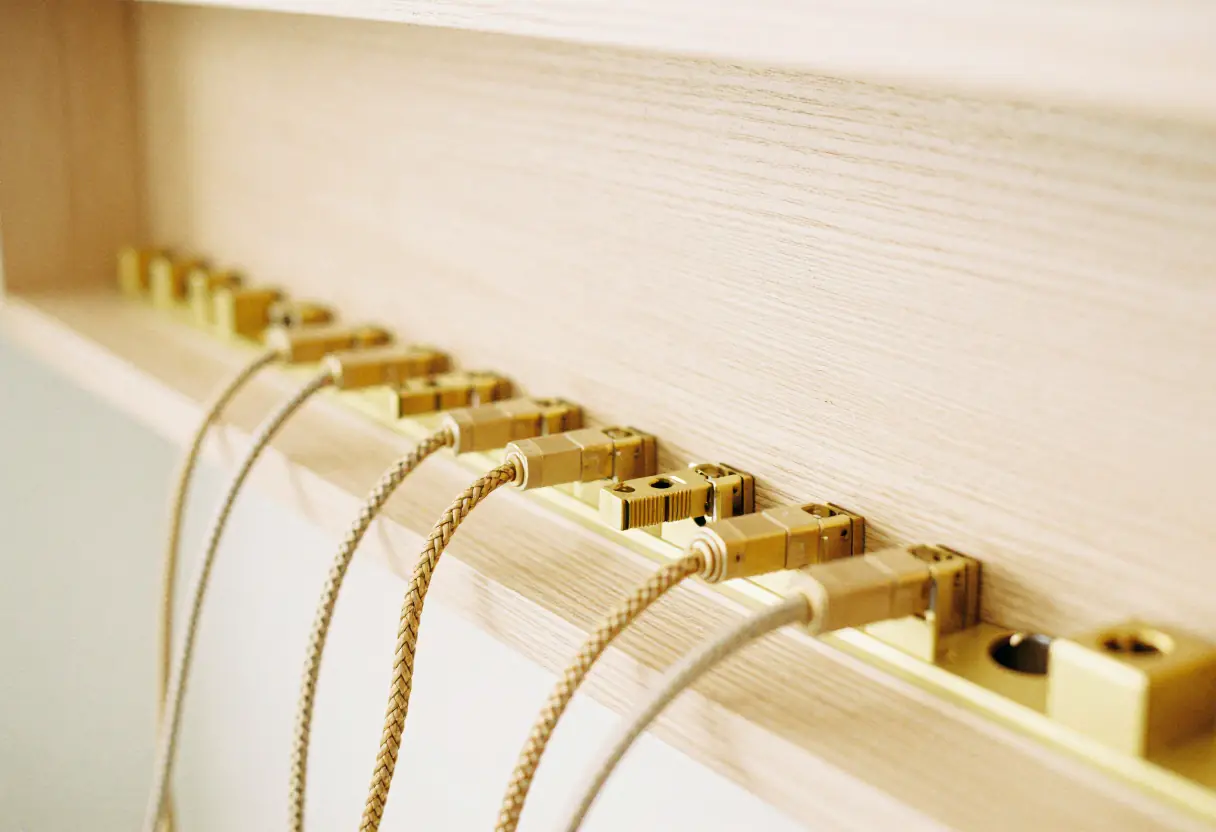 Regleta de latón sobre una mesa de roble con dos cables trenzados enchufados