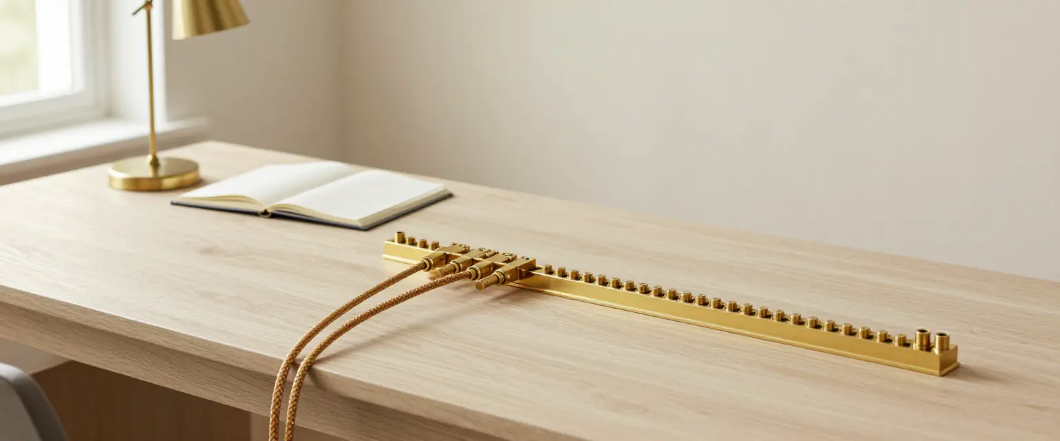 Regleta de latón sobre una mesa de roble claro con dos cables trenzados de color miel enchufados, junto a un cuaderno abierto y una lámpara de latón