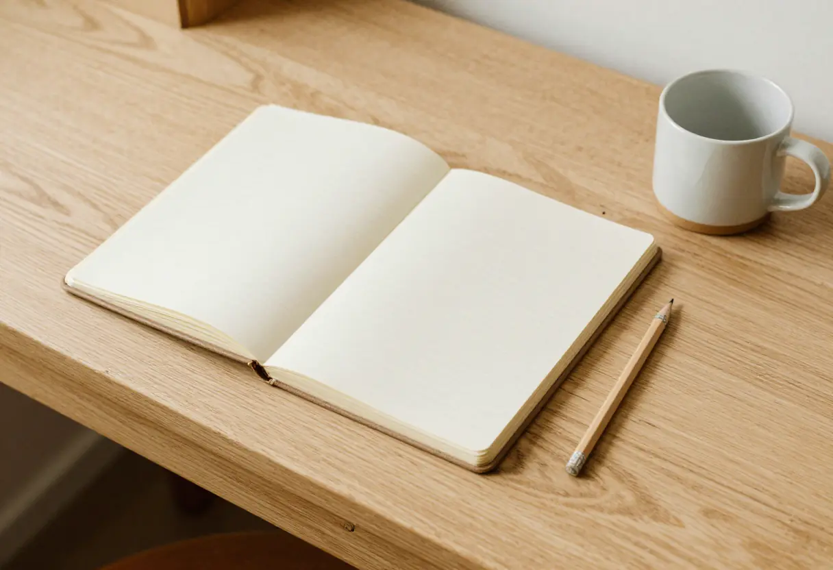 Mesa de trabajo de roble con un cuaderno usado, un lápiz y una taza