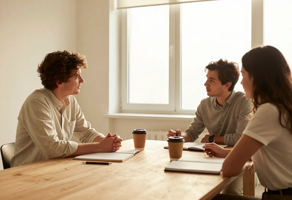 Dos personas conversando en una sala luminosa con cuadernos sobre la mesa