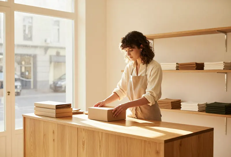 Interior de una tienda con mostrador de madera